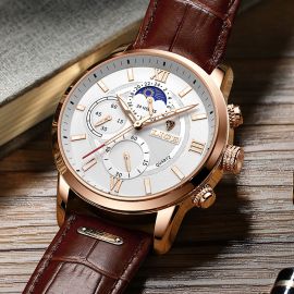 LIGE Casual Leather Moon Phase Man Watch