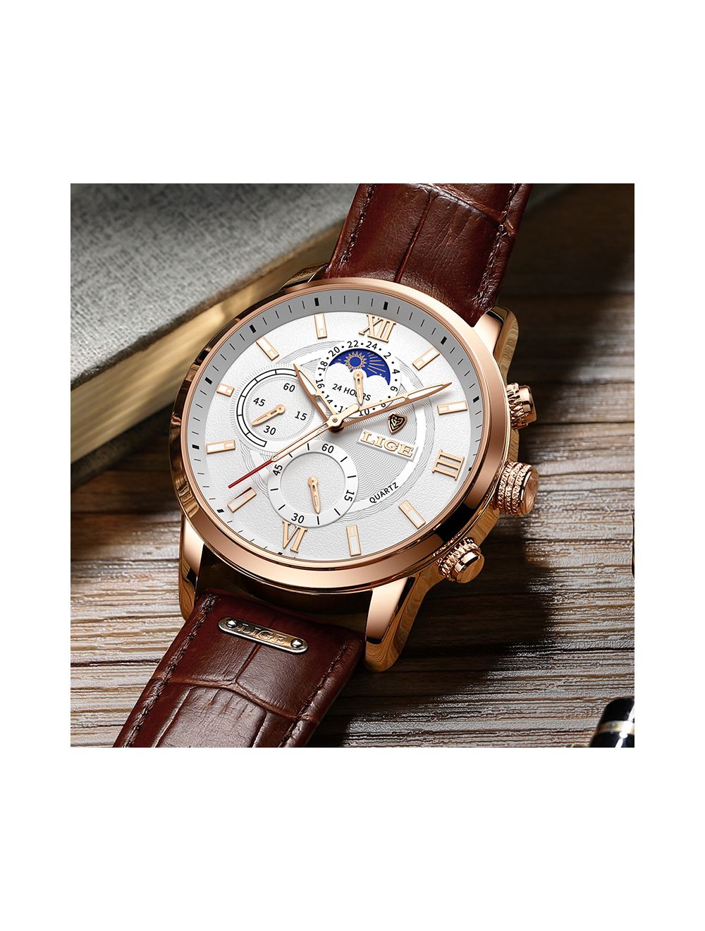 LIGE Casual Leather Moon Phase Man Watch